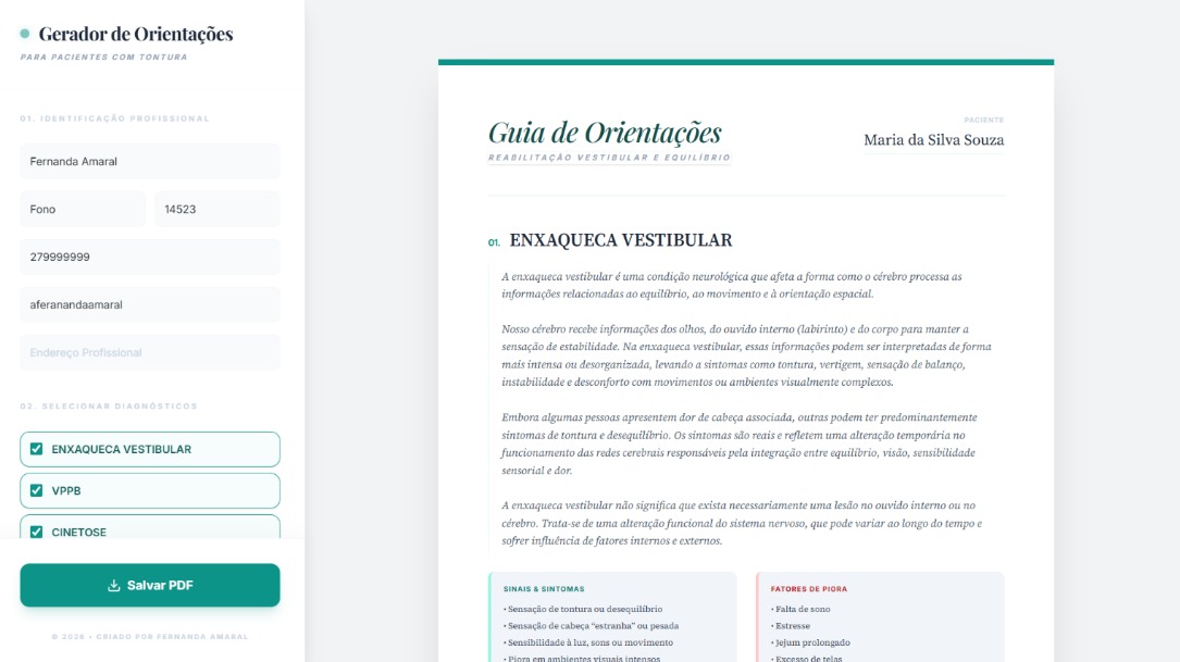 Tela do Gerador de Orientações para Pacientes com Tontura, com o Guia de Orientações pronto