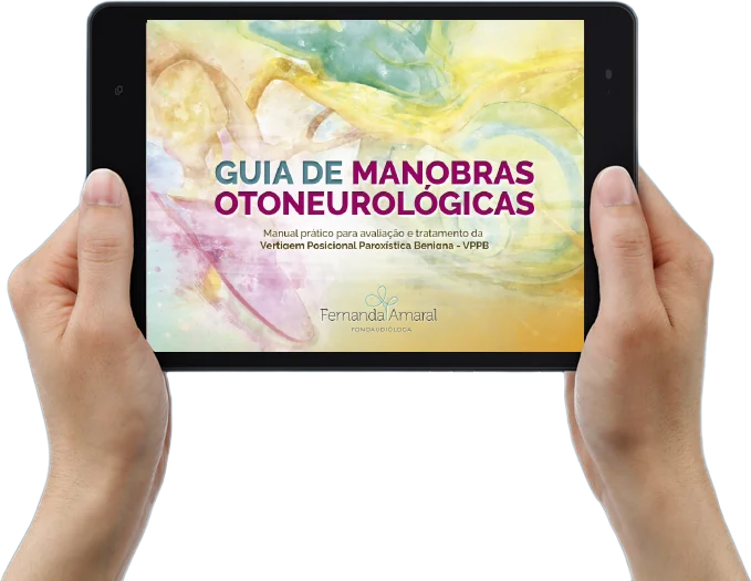 Guia de Manobras Otoneurológicas, de Fernanda Amaral, aberto em um tablet